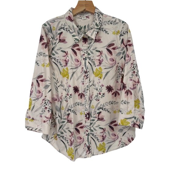 Coldwater Creek Womens Floral Button-Up Shirt Size 14 peach Cotton no iron - Picture 1 of 5